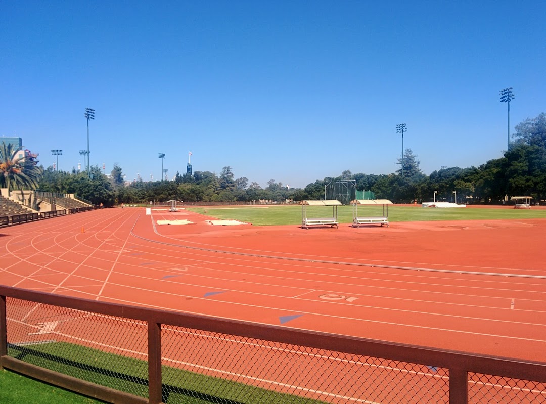 Angell track. The Stanford Stadium lights can be seen in the background.